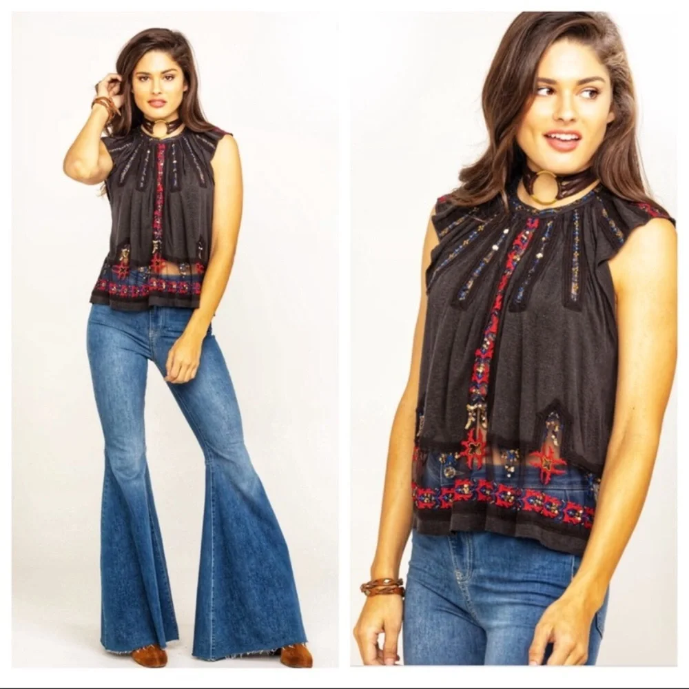 Free People Red Embroidered Sequin Sheer Panel Peasant Blouse Top w/Back Tassels - Picture 11 of 15